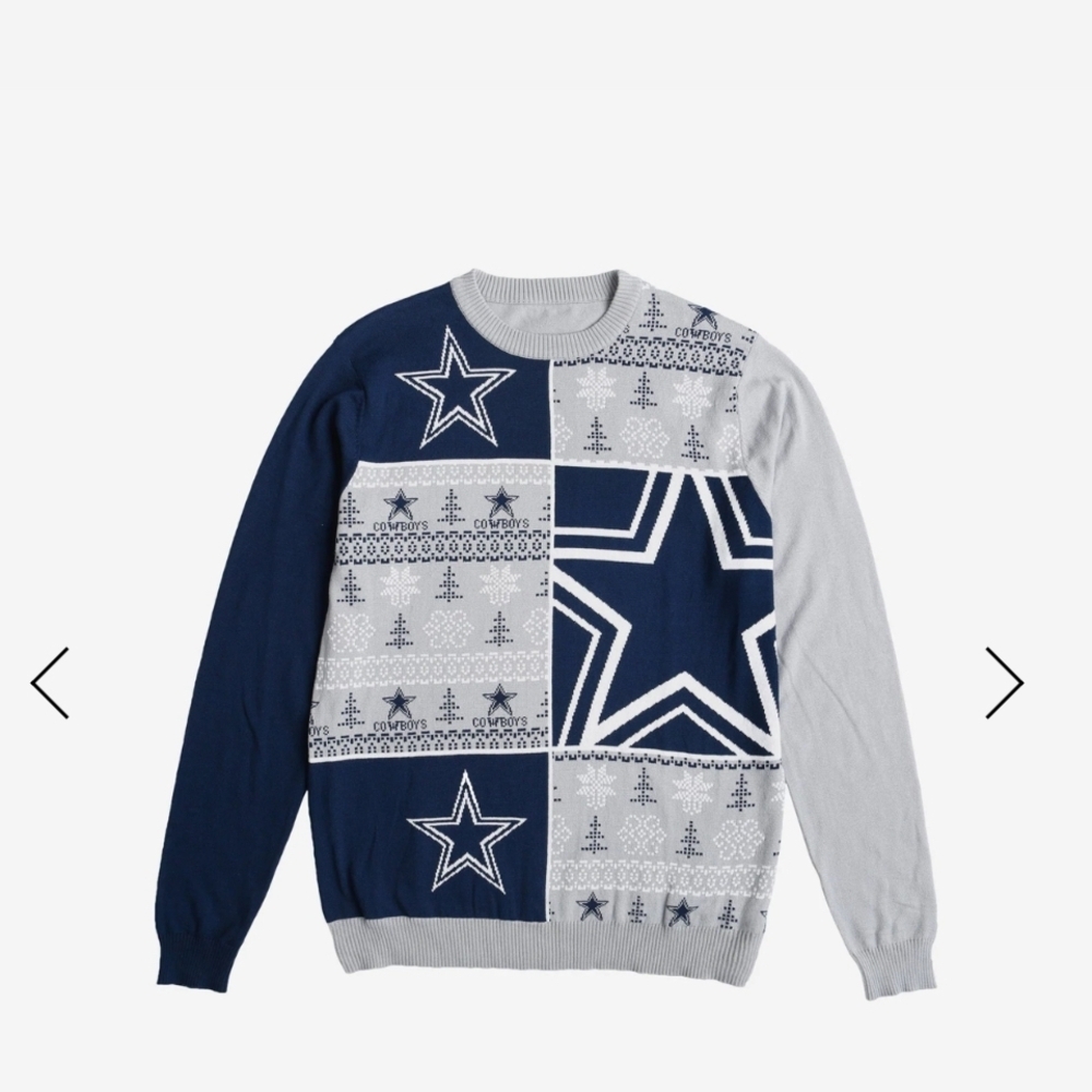 NWT $75 NFL DALLAS COWBOYS Men's Blue and Gray Star Pattern Crewneck Sweater
